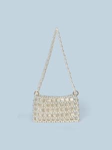 Women Handmade Beaded Artificial Pearl Crossbody Bag Hollow Woven Square Handbag With Satin Lining Elegant Dinner Wedding Clutch