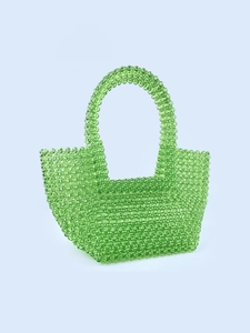 Minimalist transparent green acrylic beaded tote bag with a handmade woven hollow design