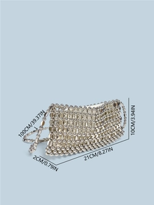 Sparkly silver sequin beaded evening bag with metal chain strap and dimensions