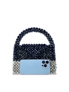 Handmade beaded handbag with black and silver color-blocking for evening party styling