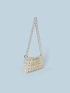 Elegant white pearl beaded handbag with satin lining and long crossbody strap