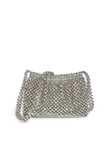 Close-up of metallic silver hand-woven beaded crossbody bag with glossy faceted beads