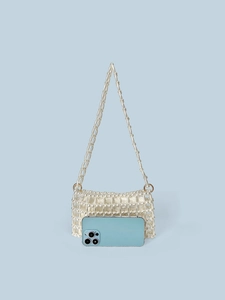 Elegant white pearl beaded crossbody bag with satin lining and long pearl shoulder strap