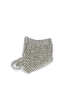 Detailed close-up of a handcrafted silver beaded crossbody evening bag with long strap