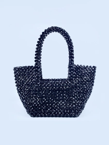 Handmade Black Beaded Handbag Retro Acrylic Woven Tote Bag Fashion Elegant Top Handle Purse For Women Daily Style