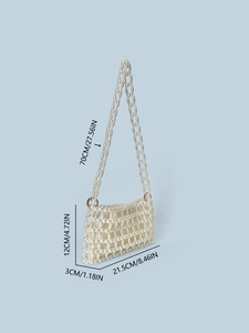 Elegant ivory beaded hollow handbag with pearl strap and satin lining for women