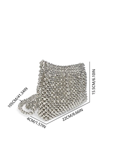 Detailed size chart of a silver hand-woven beaded crossbody bag with chain strap dimensions