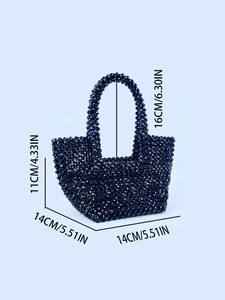 Handmade black beaded mini tote bag with glossy finish and arched handle, 14cm width size
