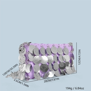 Detailed size view of purple sequin evening bag with silver chain and dimensions