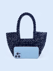 Handmade black beaded tote bag with glossy crystal texture and curved top handles