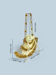 Goldene gewebte Strass-Abendtasche in Halbmondform mit Satin-Kordelzug und Perlen-Griff