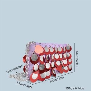 Detail view of purple sequin handbag with silver chain and 20x12x3.5cm dimensions