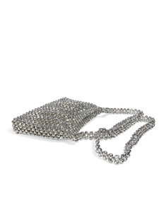 Detail of silver beaded mini square bag with metallic woven texture and chain strap