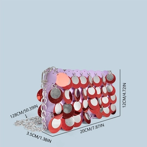 Detailed view of the purple sequin handbag dimensions with a silver chain strap
