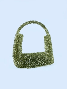 Handgefertigte hellgrüne Perlen-Handtasche mit gewebtem Design und langem Griff