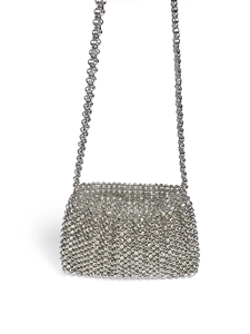 Detailed view of silver handmade woven beaded crossbody bag with metallic beads