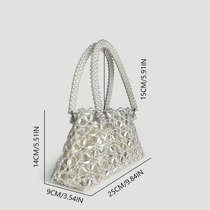 Detailed size specifications for handmade white beaded pearl tote with silk lining