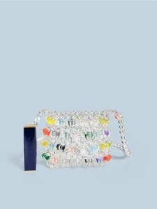 Mini transparent handmade beaded bag with colorful acrylic hearts and strap