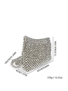 Detailed size specifications of the silver woven beaded crossbody bag with dimensions