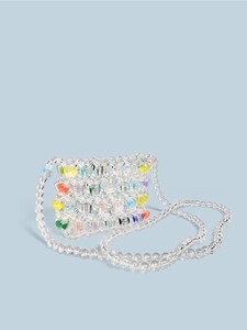 Detail of handmade beaded crossbody bag with transparent finish and colorful heart charms
