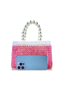 Pink and clear gradient beaded handmade mini handbag with pearl handle and size reference