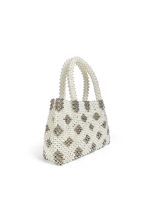 Detail of handmade beaded tote with silver diamond pattern and large capacity