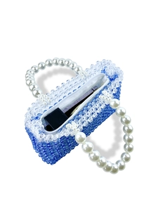 Handmade beaded handbag with blue gradient acrylic beads and pearl handle detail