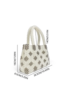 Detailed size chart of handmade pearl tote bag with silver diamond pattern measurements