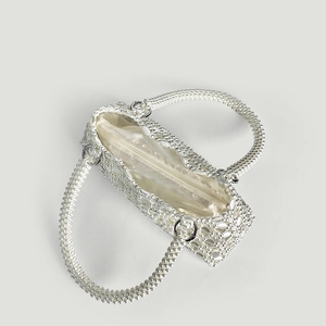 Top view of handmade white beaded tote bag showing satin lining and metal zipper closure