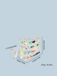 Detailed dimensions of a mini colorful heart bead crossbody bag with 117cm strap