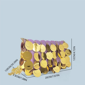Detail view of purple sequin evening bag with gold scales and dimension markings