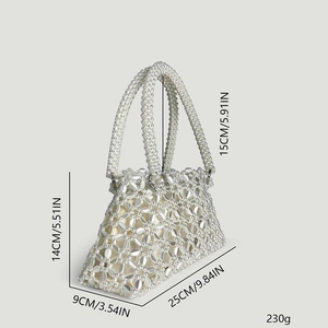 Detailed dimensions of white handmade beaded tote bag with pearl-like woven texture