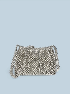 Women Vintage Hand Woven Silver Beaded Crossbody Bag High End Metallic Plastic Bead Small Square Shoulder Bag For Party Travel