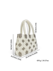 Detailed size chart of handmade pearl tote bag with floral beads 26.5x8.5x18cm