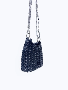 Fashionable black sequin chainmail crossbody mini bag with silver metal strap