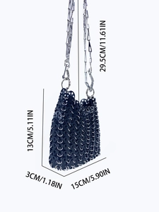 Detailed size chart showing dimensions of the sequin cutout crossbody mini phone bag