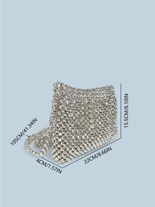 Silver hand-woven beaded crossbody bag with chain strap and dimensional measurements