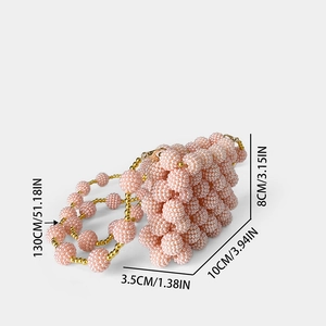 Pink pearl beaded mini bag dimensions showing height 8cm and length 10cm with strap detail