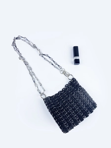 Modern black sequin hollow out shoulder bag with silver metal chain strap