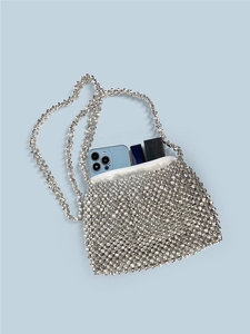 Handmade silver metallic beaded mini crossbody bag with chain strap and top zipper