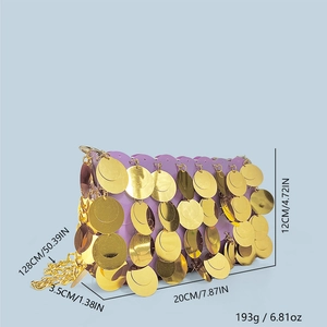 Macro view of purple sequin handbag with gold disc details and metal chain dimensions