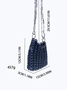 Size chart showing dimensions for the blue sequin chain crossbody bag with metal strap