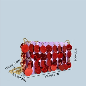 Detail view of purple sequins handbag with golden chain and 20cm size dimensions