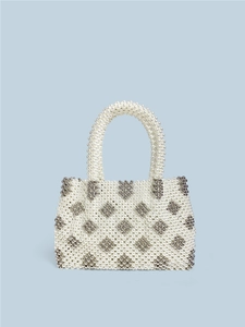 Handmade Imitation Artificial Pearl Beaded Tote Bag For Women Vintage Diamond Pattern Elegant Woven Handbag Party Wedding Evening Bag