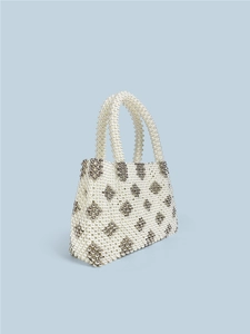 Handmade pearl beaded tote bag with silver diamond pattern and dual handles