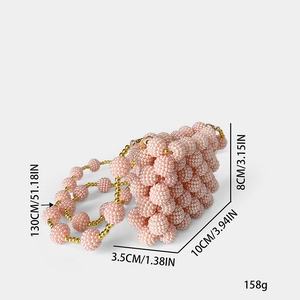 Pink handmade beaded mini bag with gold chain strap, product weight 158g specifications