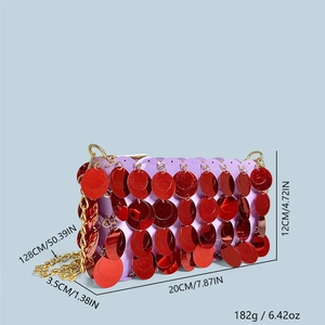 Glitter sequin bag dimensions 20x12x3.5cm with 128cm chain strap and weight specs