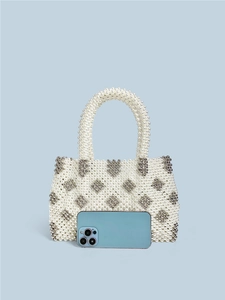 Handmade pearl beaded handbag with silver diamond pattern and dual top handles