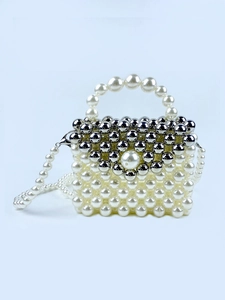 Elegante Handgefertigte Perltasche Damen Mini Umhängetasche Kleine Handtasche Mit Silbernen Metallperlen Kette Schultertasche