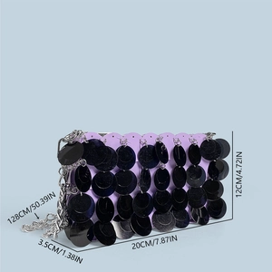Detail showing dimensions of purple sequin bag with silver chain strap and measurements